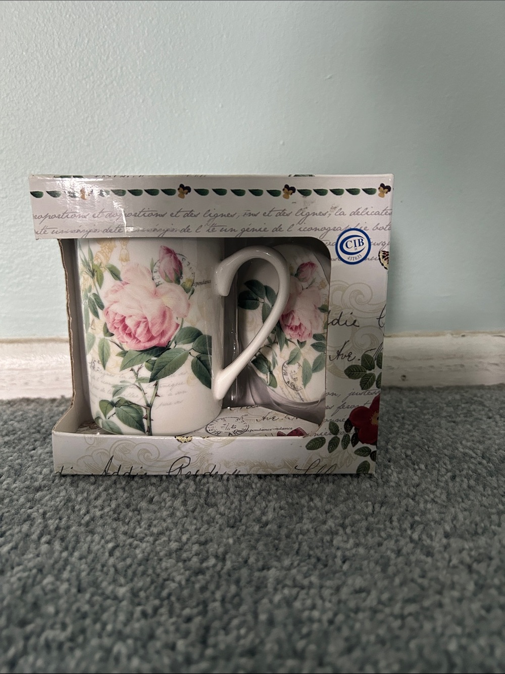 Porcelain Floral Mug Set with Pink Rose Motif